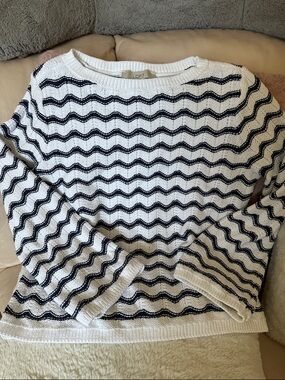 LOFT Navy & White Wavy-Stripe Lightweight Crew Sweater